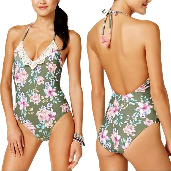 Hula Honey Green Floral Halter One Piece Swimsuit - Picture 1 of 7
